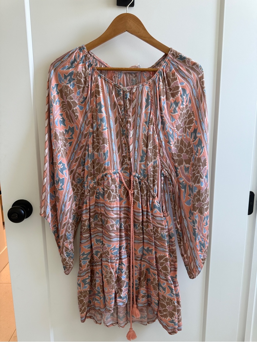 Omika Long-Sleeve Floral Boho Dress with Tassel Tie